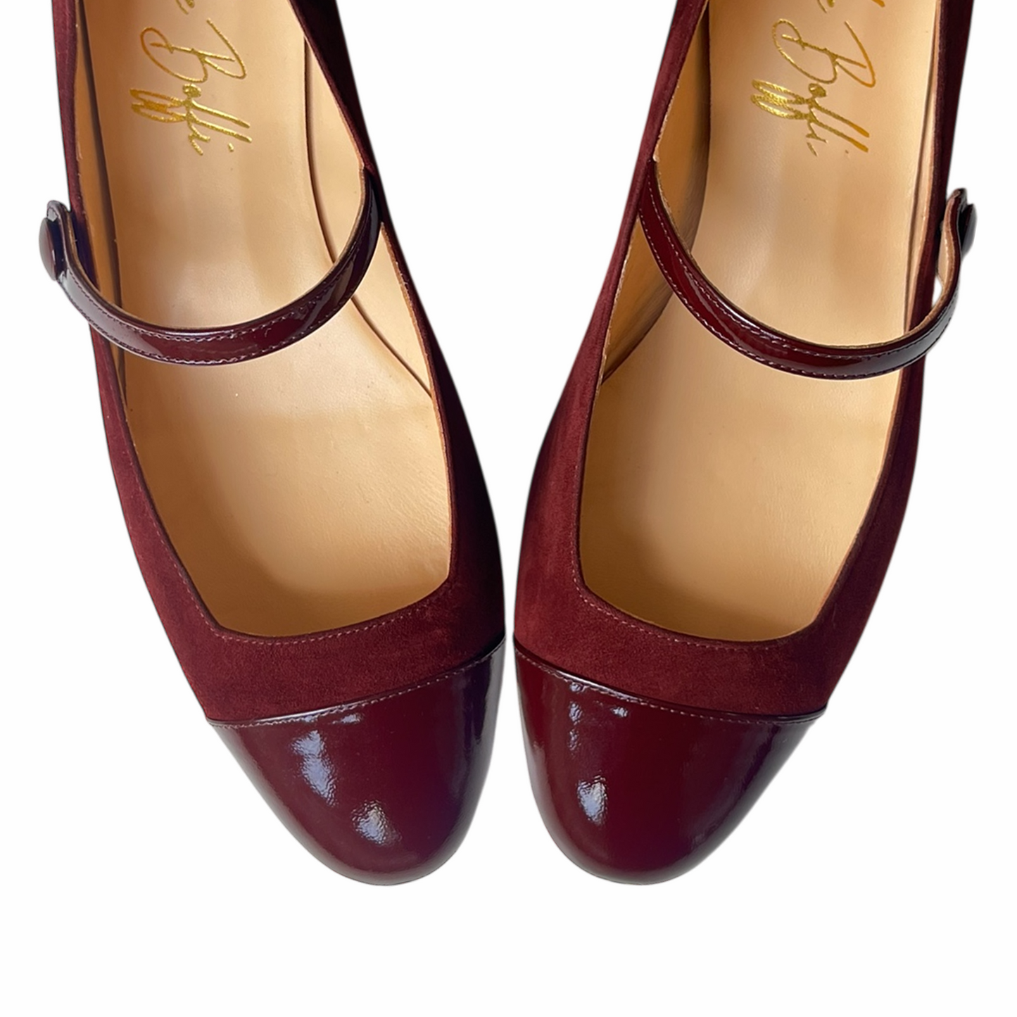 EMMA TONDA in camoscia terracotta e vernice bordeaux