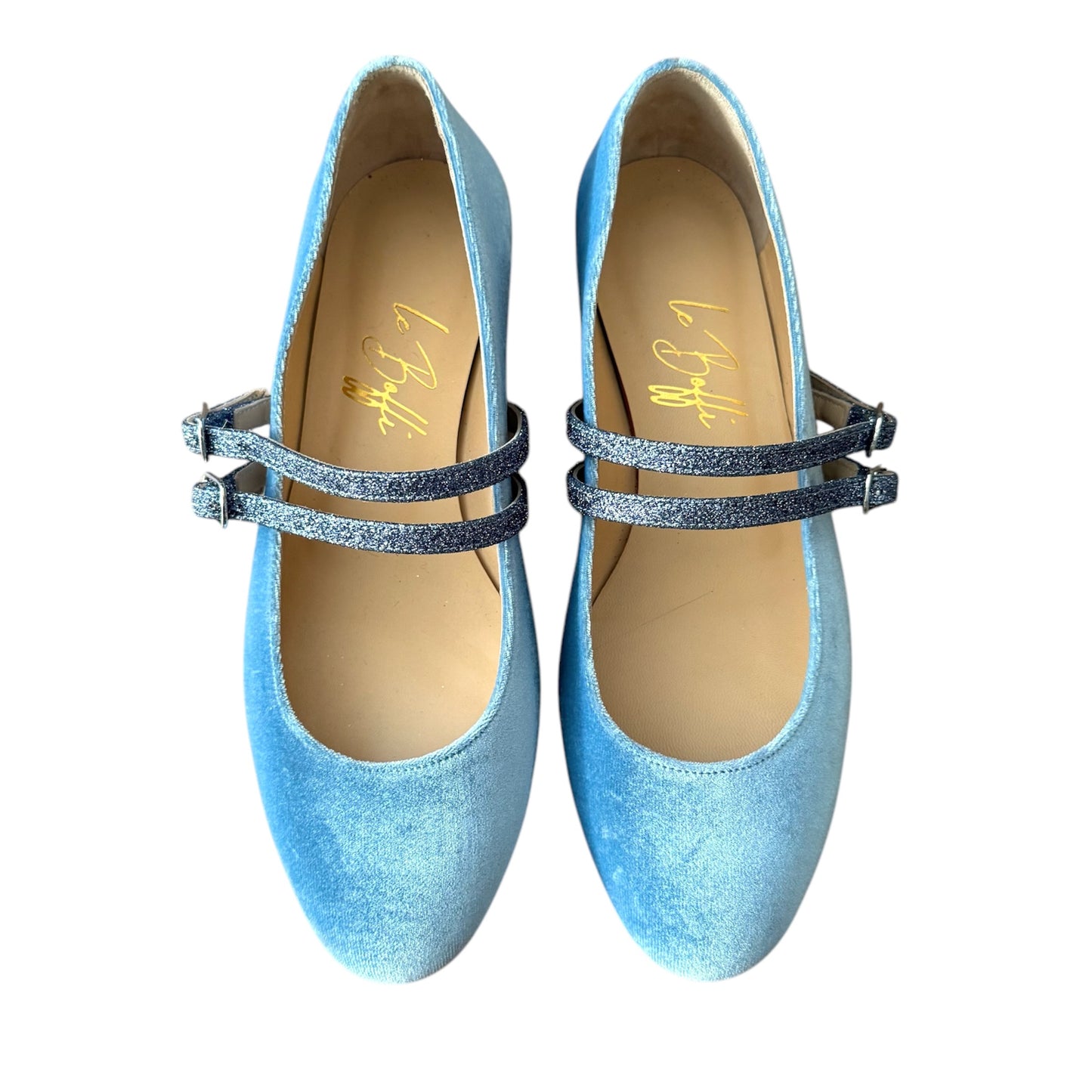 Elisa ballerina tonda in velluto azzurro e glitter antracite