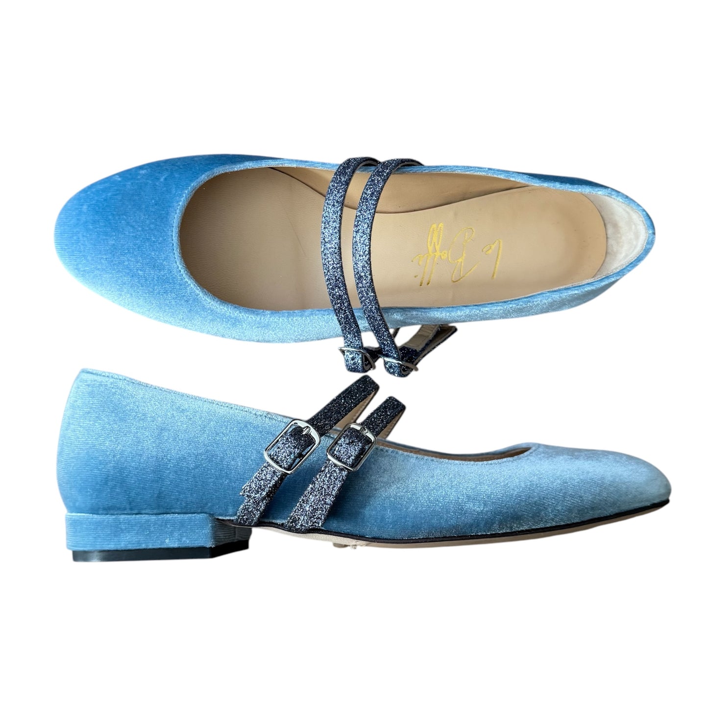 Elisa ballerina tonda in velluto azzurro e glitter antracite