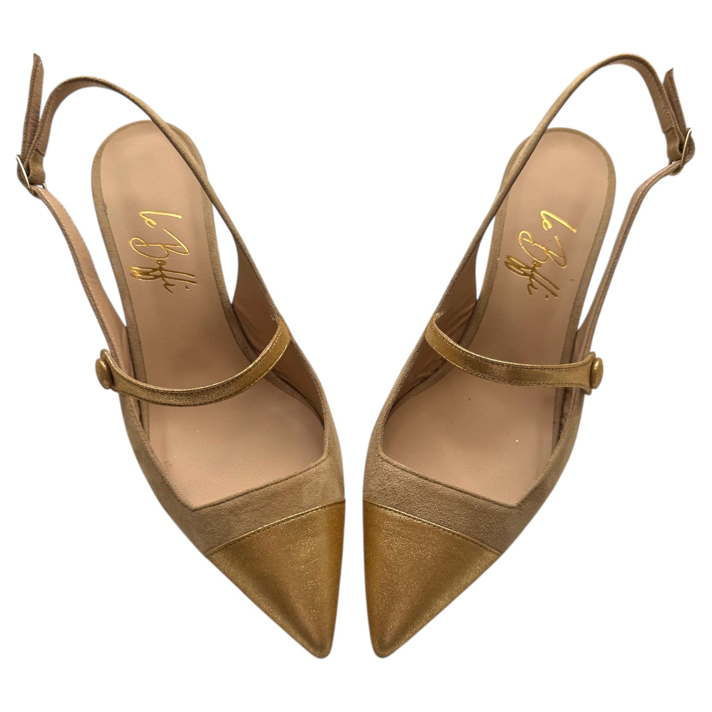 Emma Sling 55 in camoscio beige e pelle oro