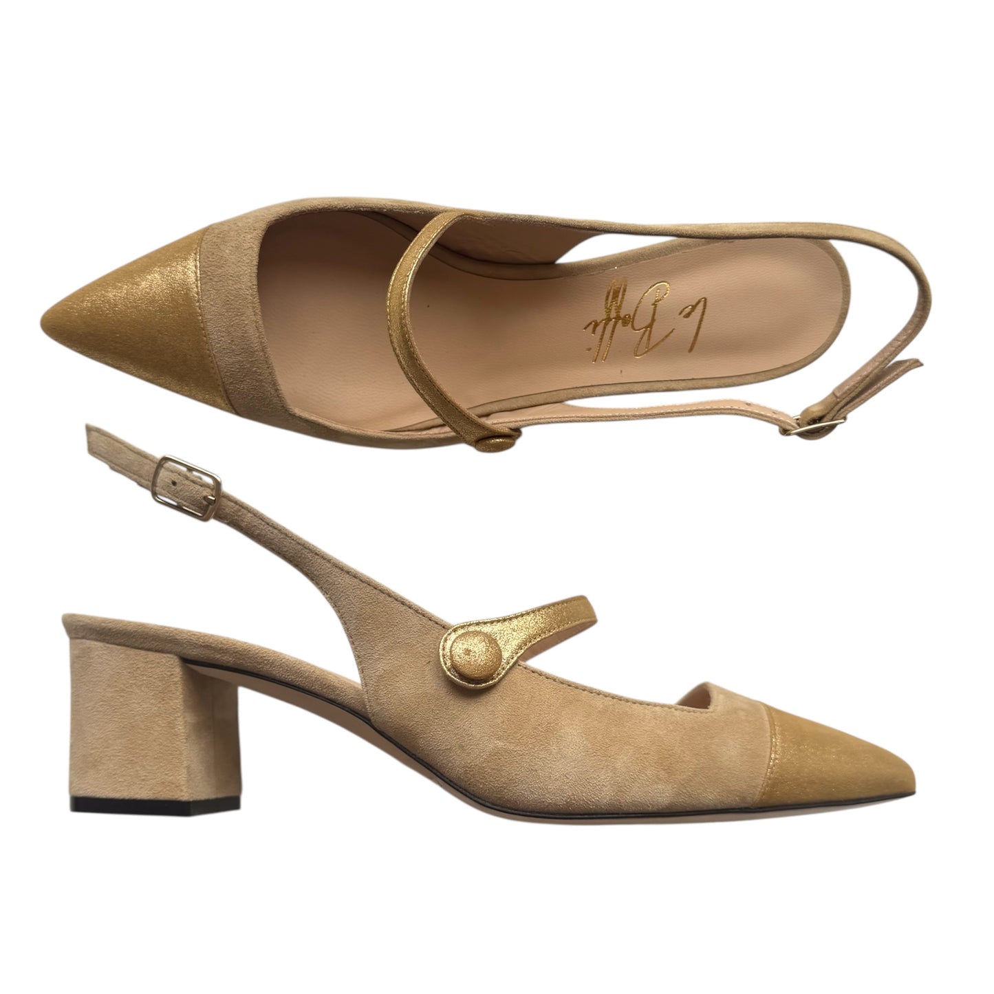 Emma Sling 55 in camoscio beige e pelle oro