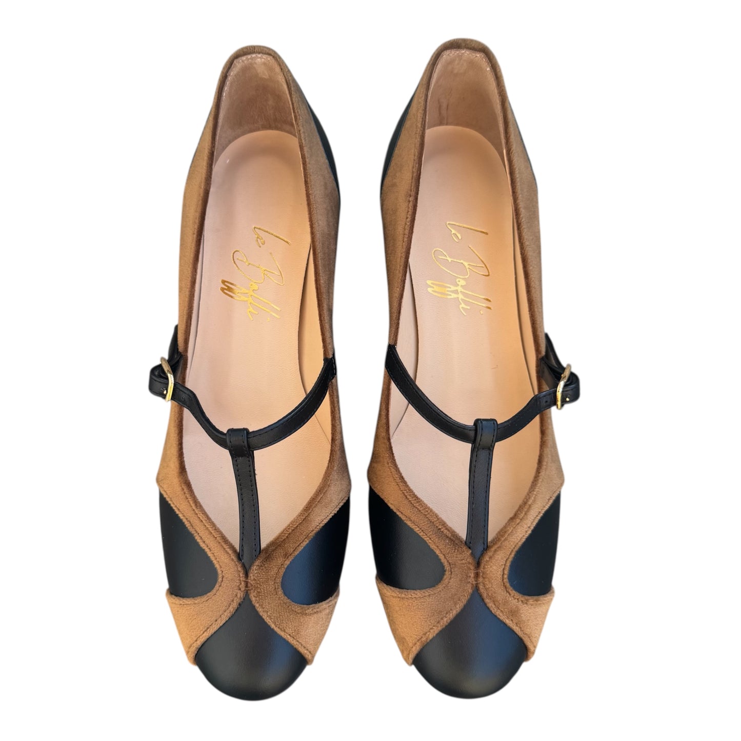 Vittoria Ballerina 55 a punta tonda in velluto caramello e pelle nera