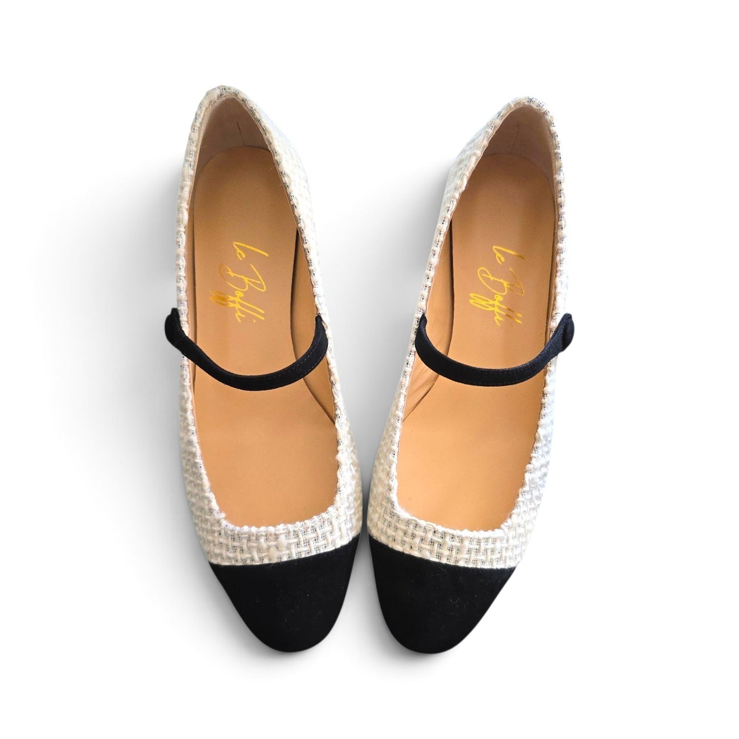 Emma tonda in boucle bianco e camoscio nero