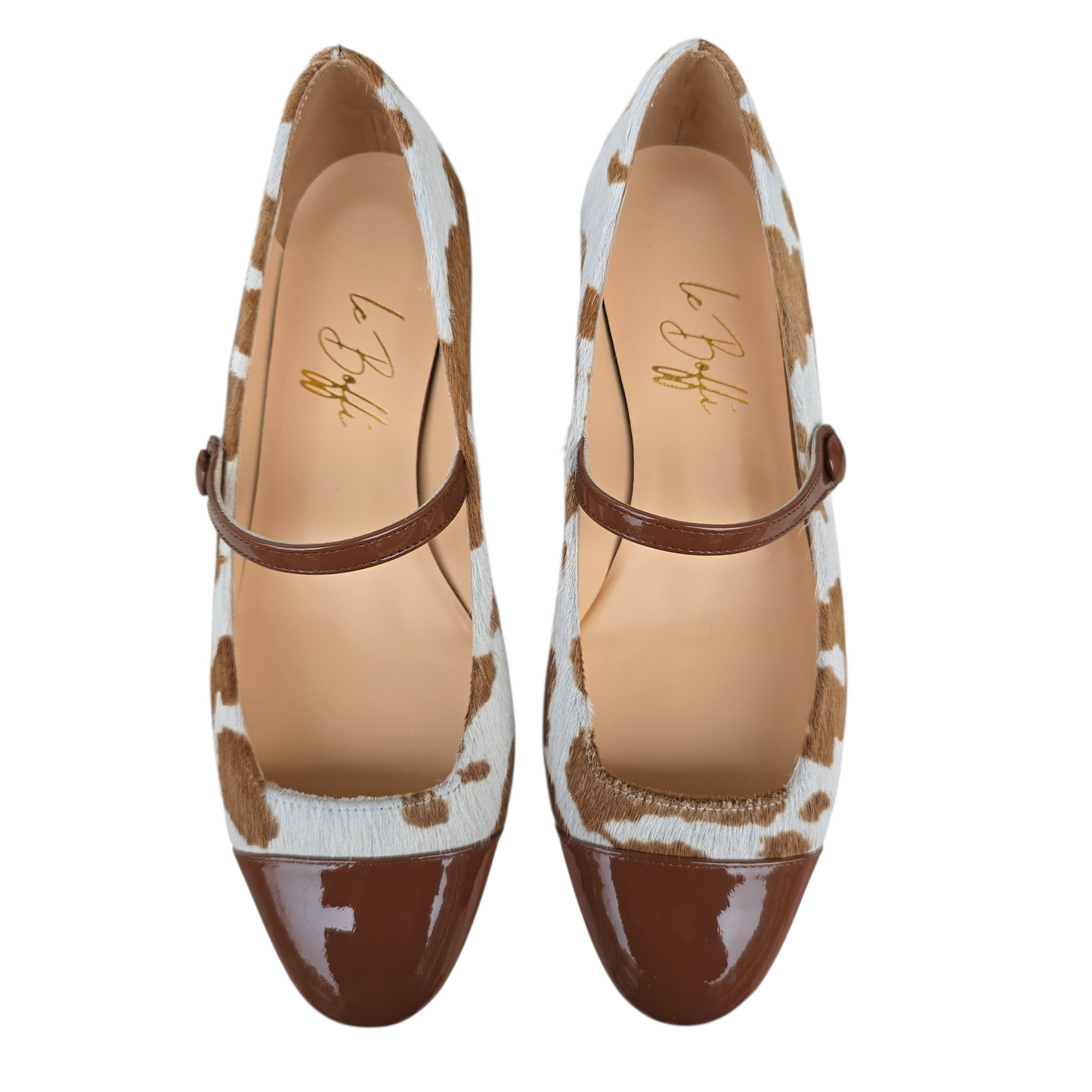 Emma tonda in cavallino muccato e vernice caramello