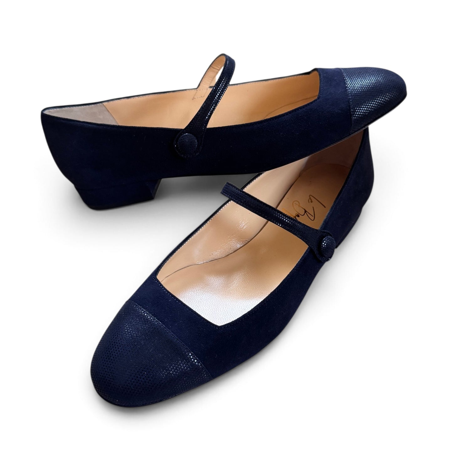 Emma tonda in camoscio e pelle pois blu