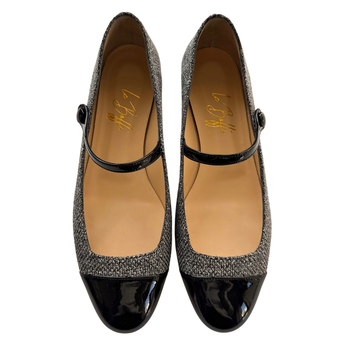 Emma ballerina tonda in tessuto argento e vernice nera