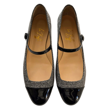 Emma ballerina tonda in tessuto argento e vernice nera