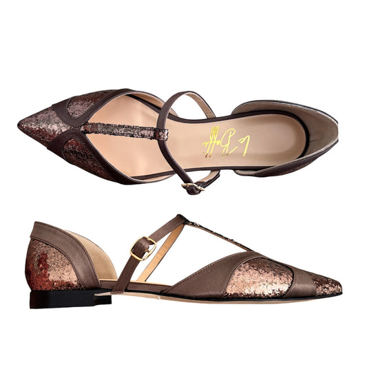 Vittoria in glitter e raso marrone