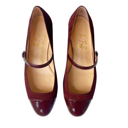 EMMA TONDA in terracotta suede and burgundy patent leather