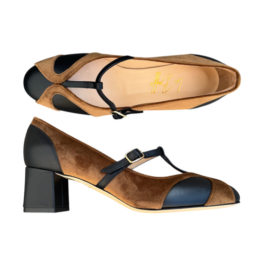 Vittoria Ballerina 55 a punta tonda in velluto caramello e pelle nera