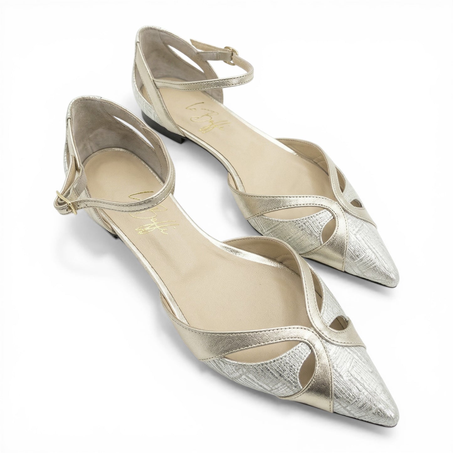 Celeste in pelle platino e oro