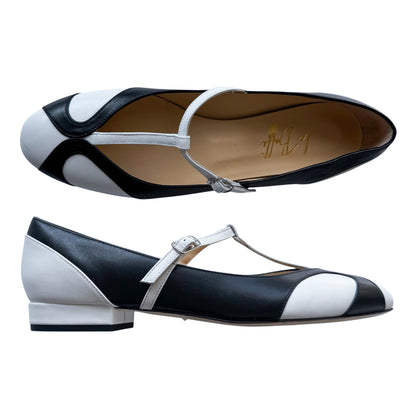 Vittoria ballerina tonda in pelle bianca e nera