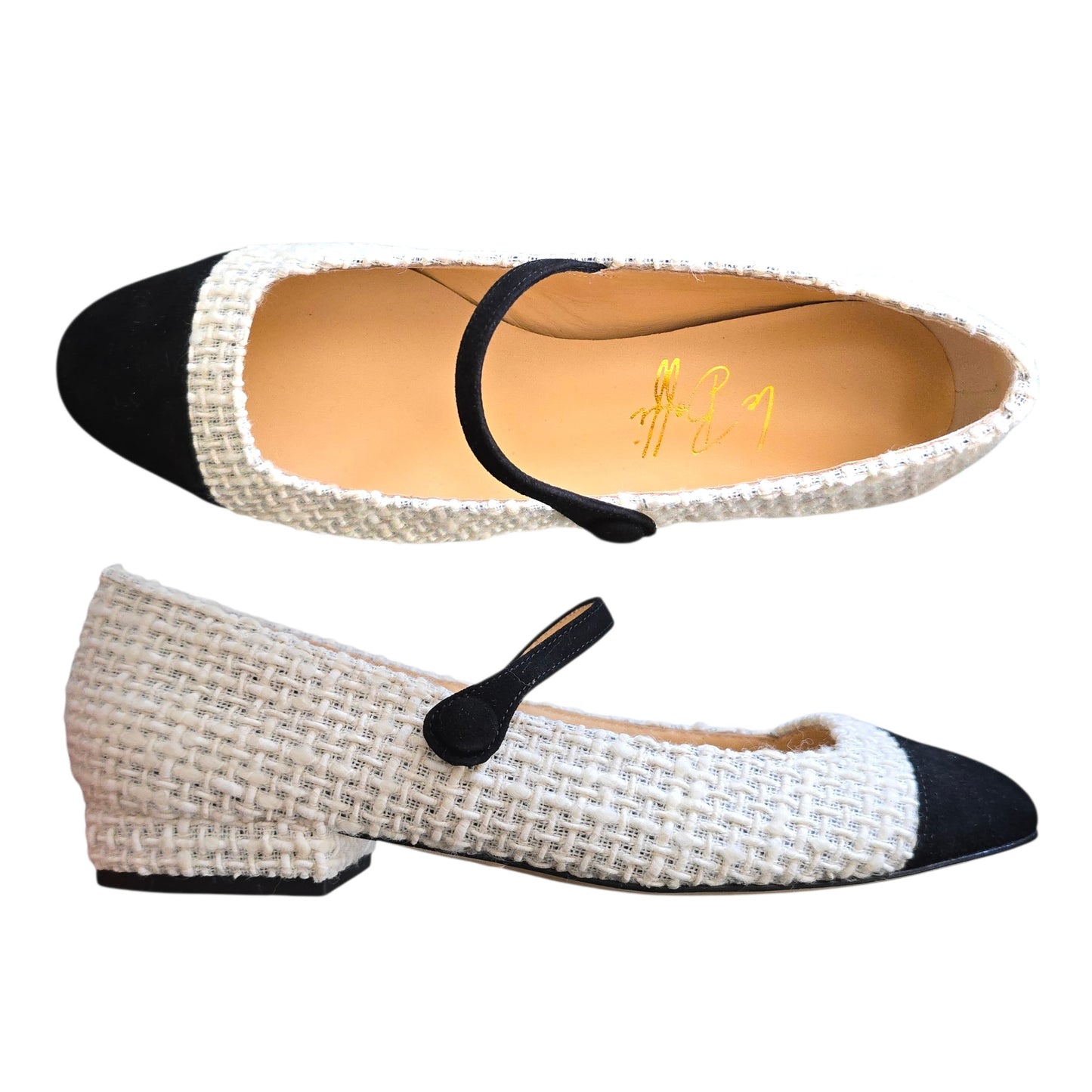 Emma tonda in boucle bianco e camoscio nero