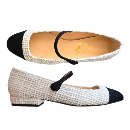Emma tonda in boucle bianco e camoscio nero