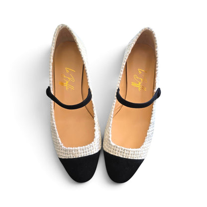Emma tonda in boucle bianco e camoscio nero