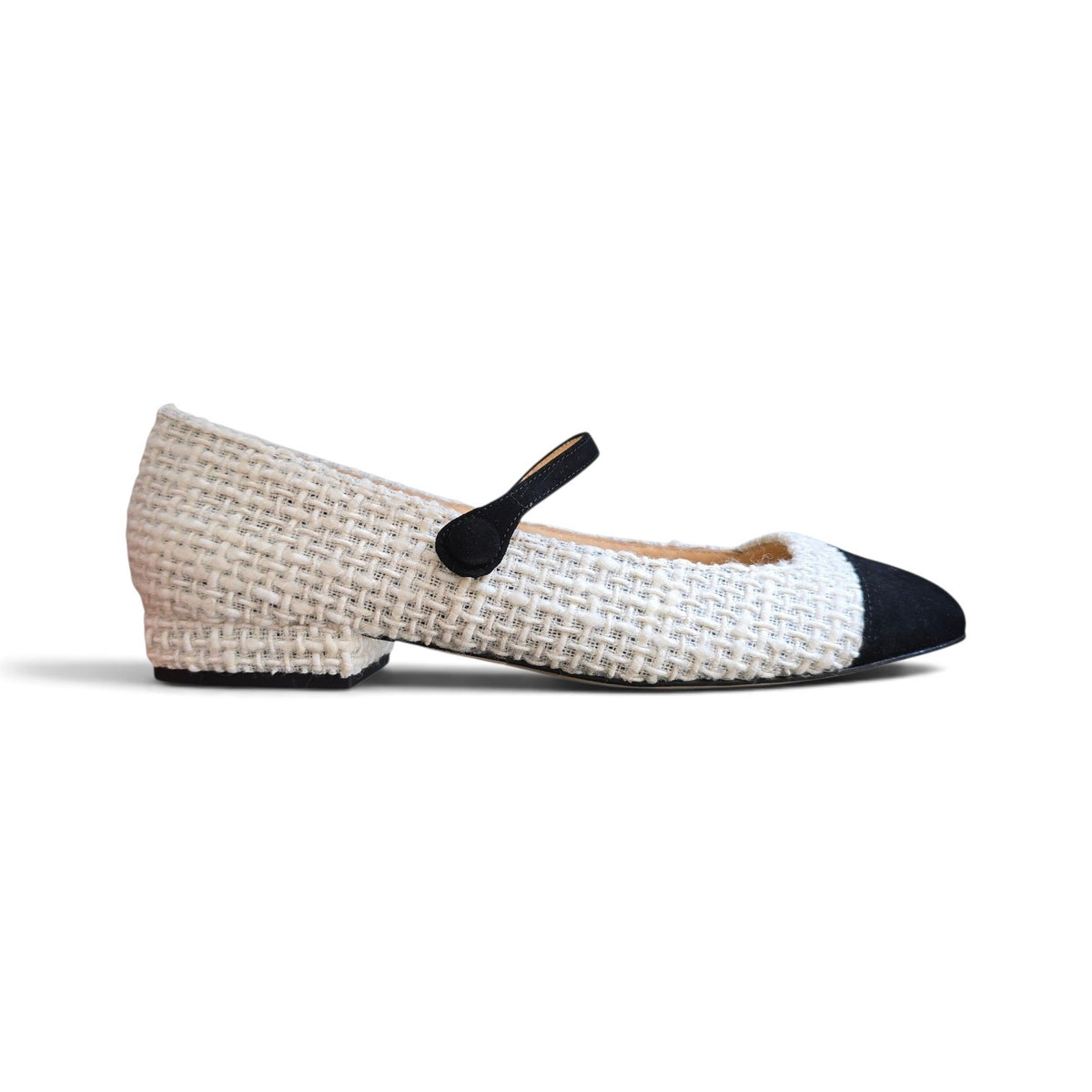 Emma tonda in boucle bianco e camoscio nero