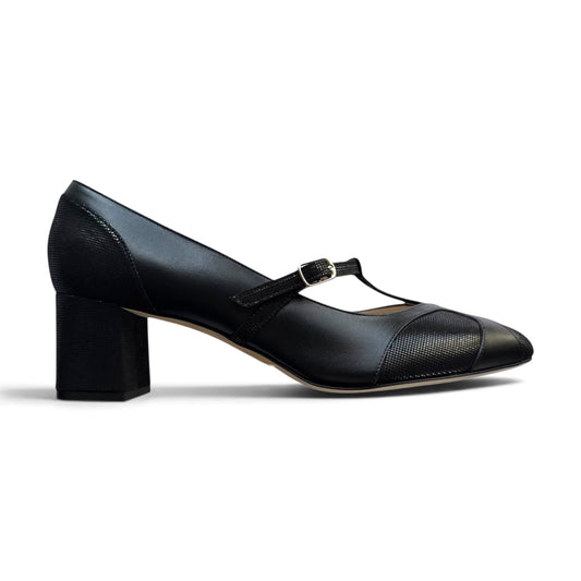 Vittoria Ballerina 55 a punta tonda in pelle nera quadri e pelle nera