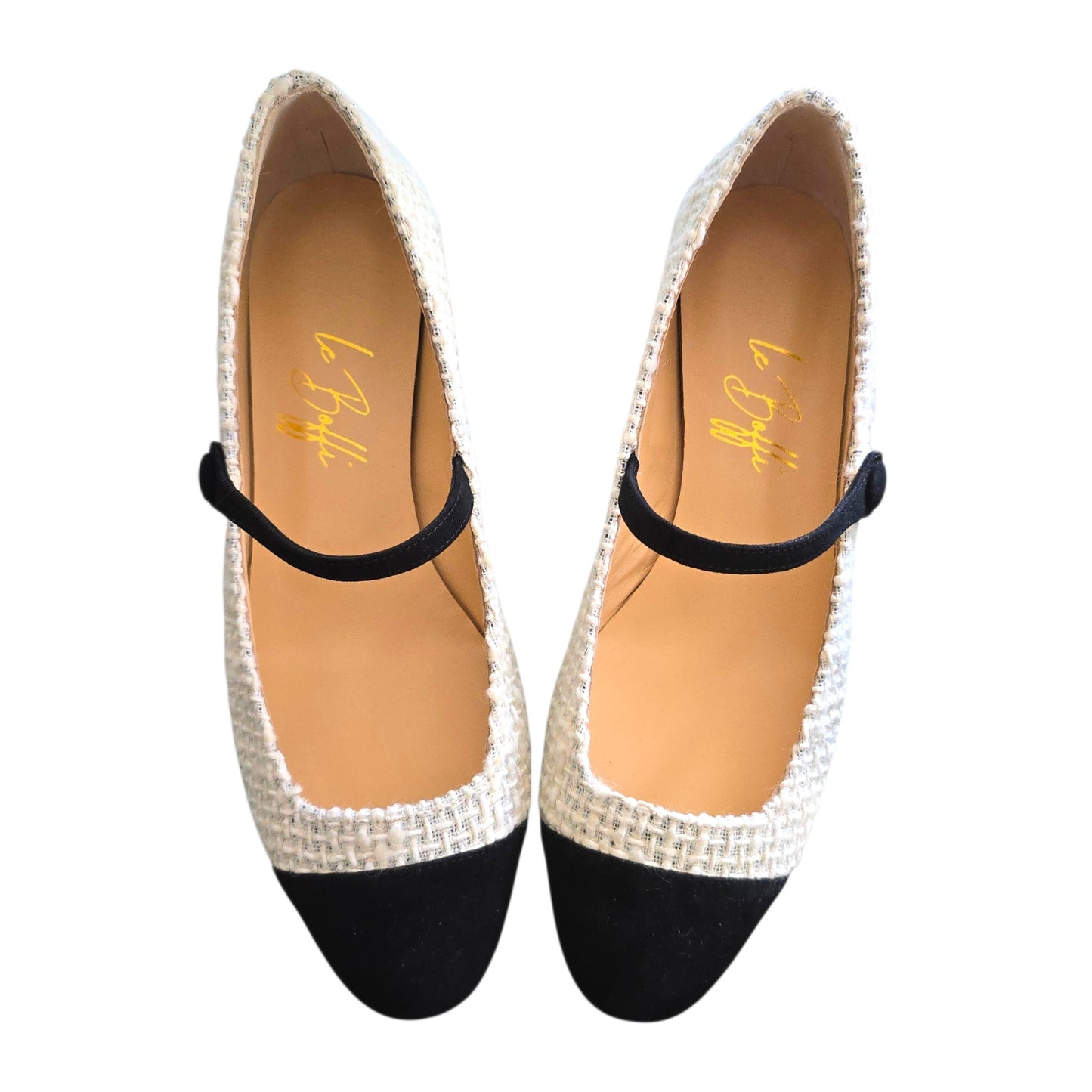 Emma tonda in boucle bianco e camoscio nero