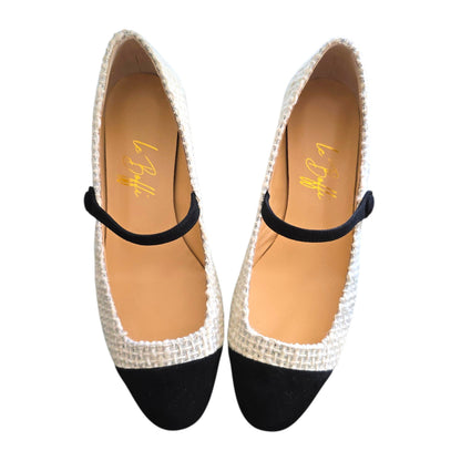Emma tonda in boucle bianco e camoscio nero