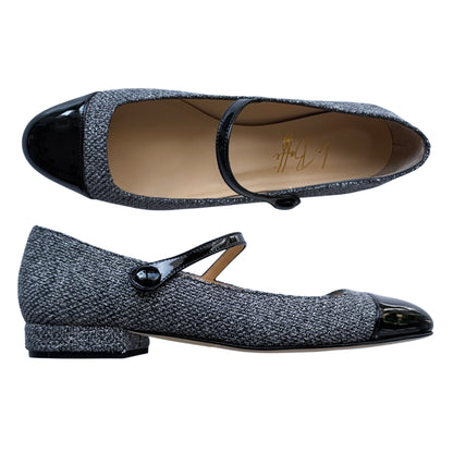 Emma ballerina tonda in tessuto argento e vernice nera