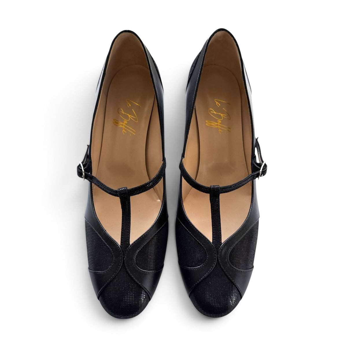 Vittoria Ballerina 55 with round toe in black leather, checked and black leather