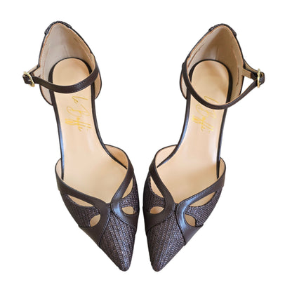 Celeste 55 in rafia marrone e pelle marrone