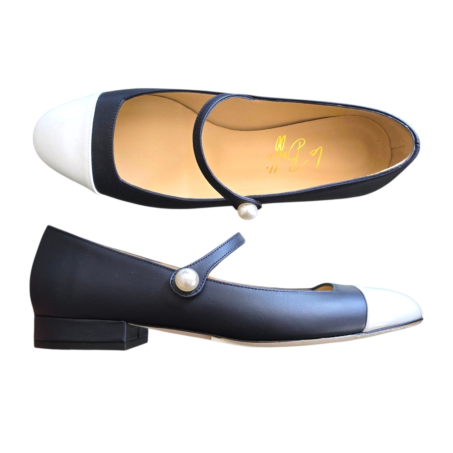 Emma tonda in pelle blu e vernice bianca