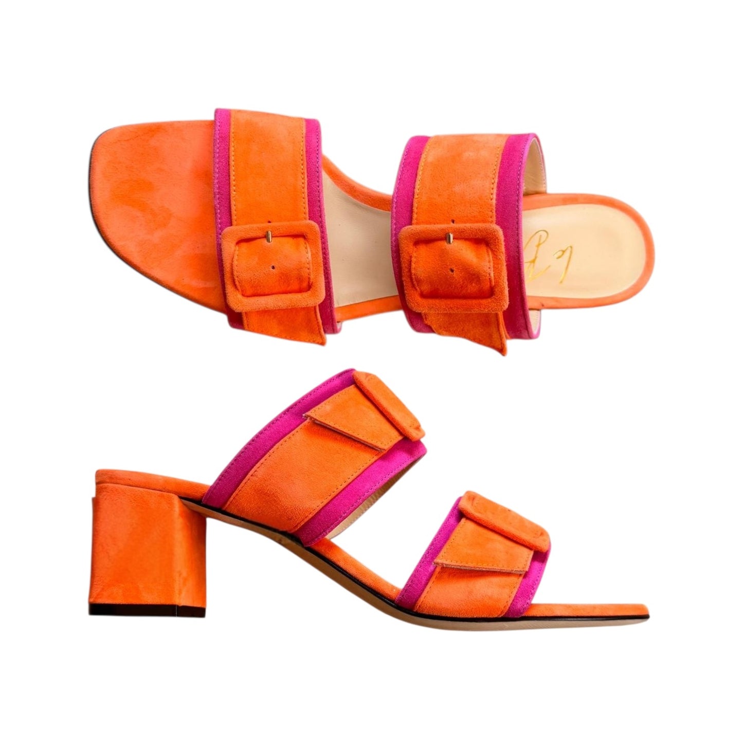 Sandalo Bianca in camoscio arancio e fucsia