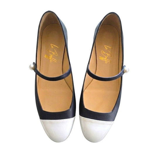 Emma tonda in pelle blu e vernice bianca