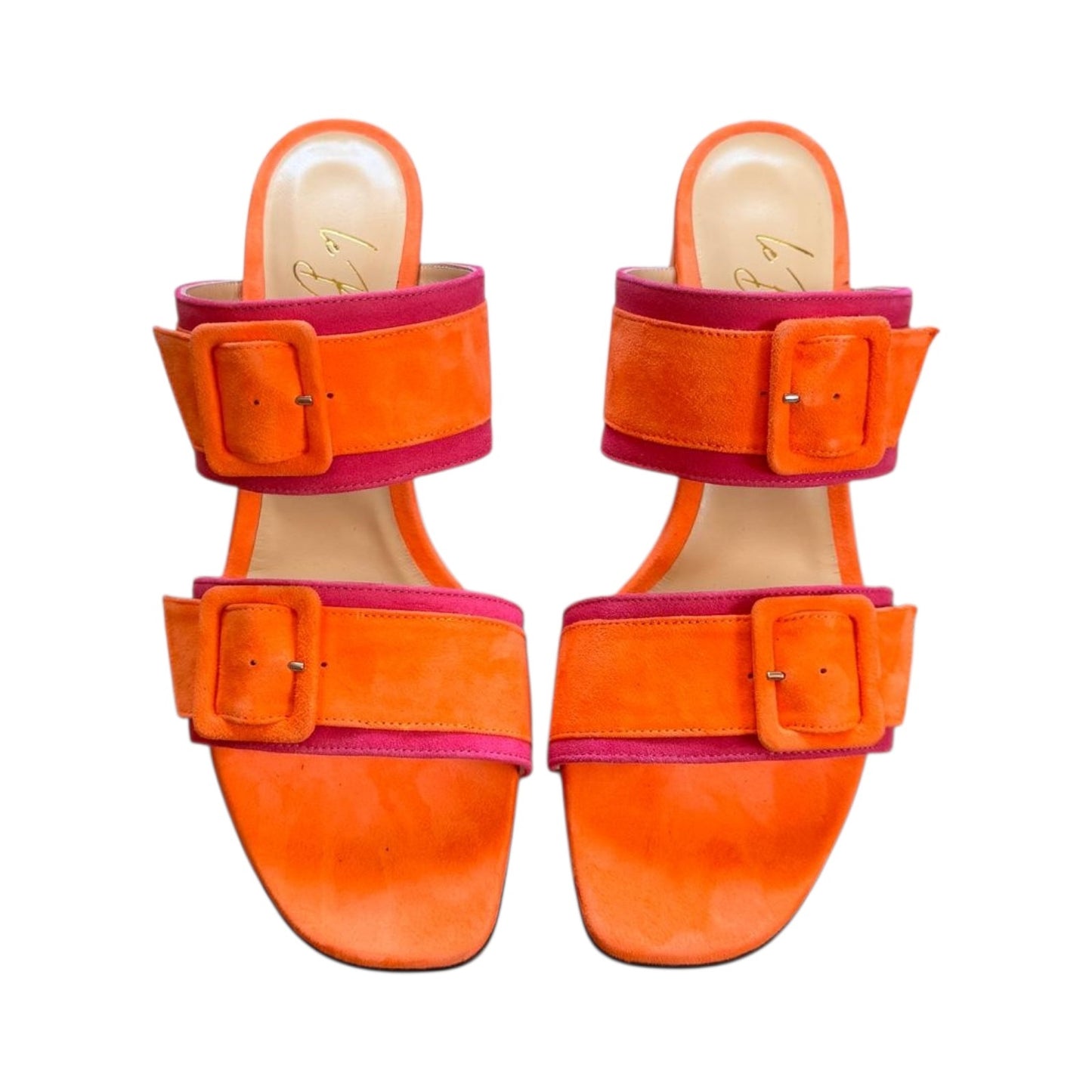 Sandalo Bianca in camoscio arancio e fucsia